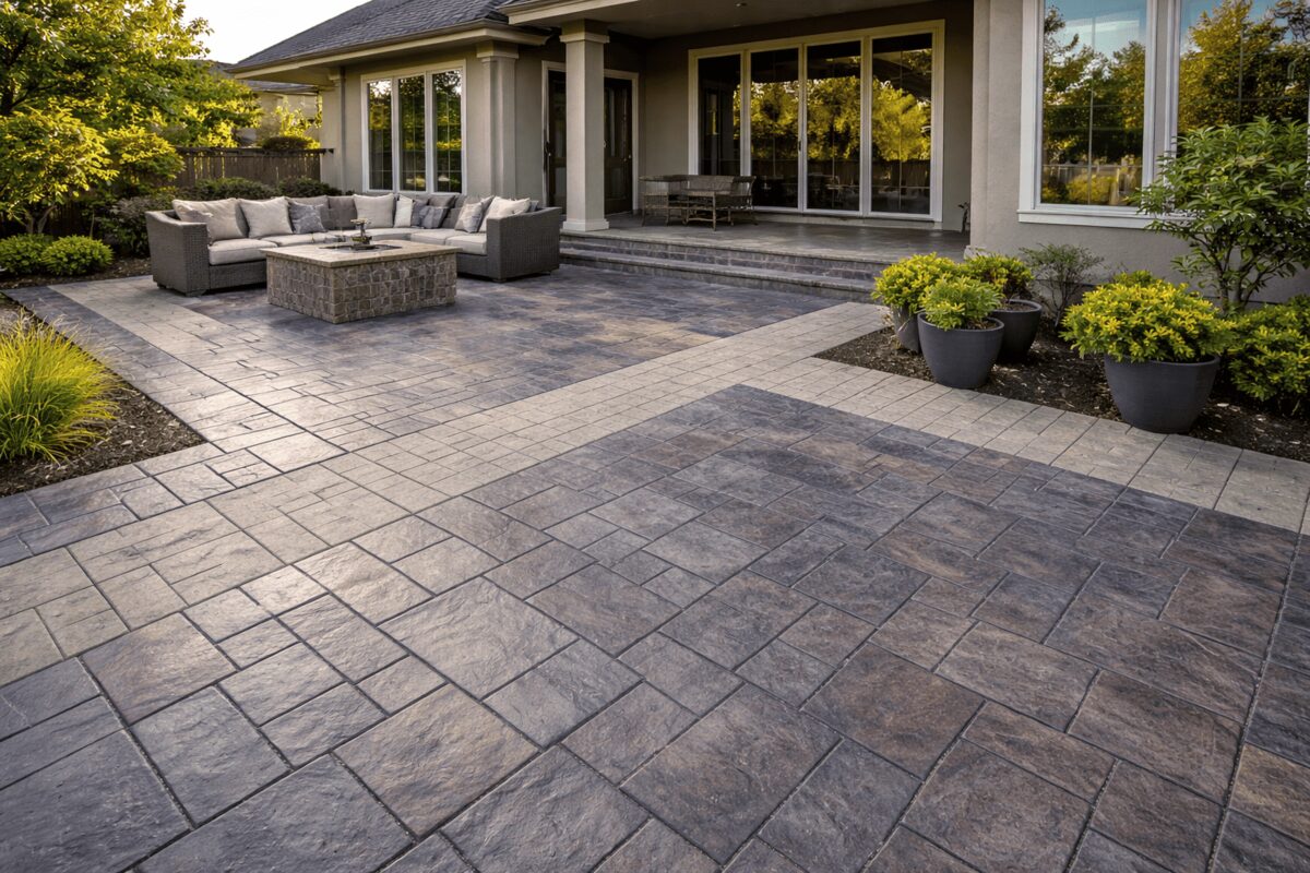 Large stamped concrete backyard patio in the Rogue Valley, Oregon